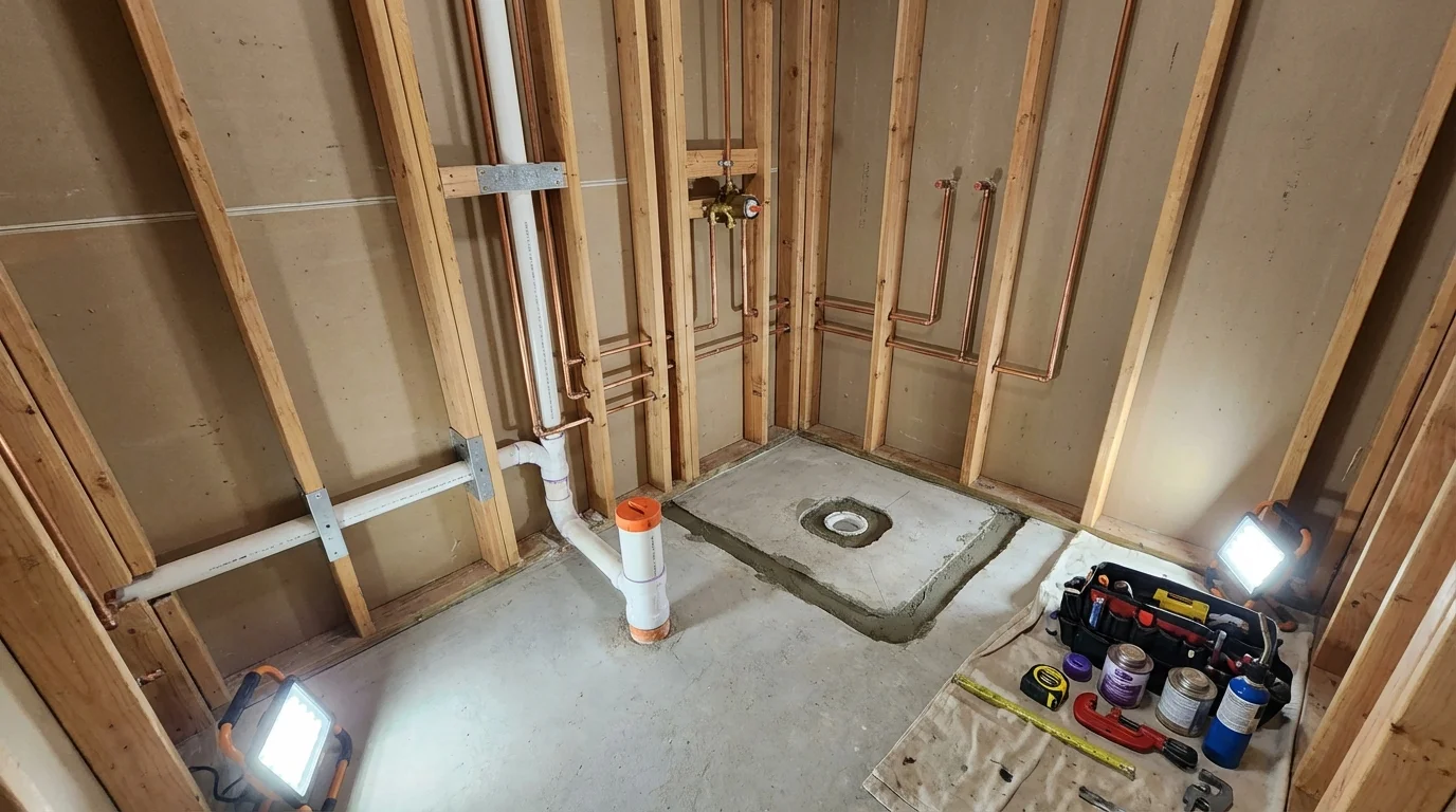 Bathroom rough-in plumbing during remodel by Johns Plumbing LLC in Millinocket