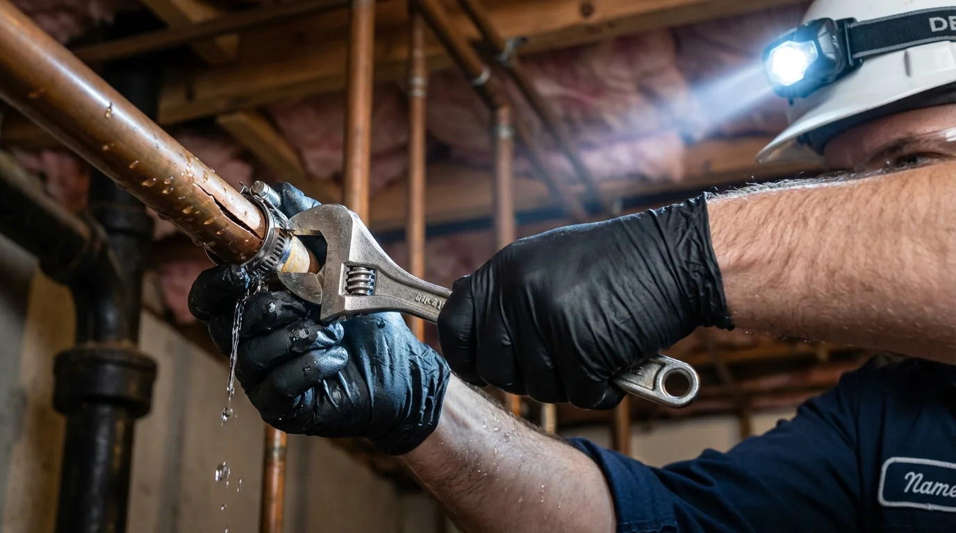 Emergency pipe clamp repair being performed by a Johns Plumbing LLC plumber in Millinocket