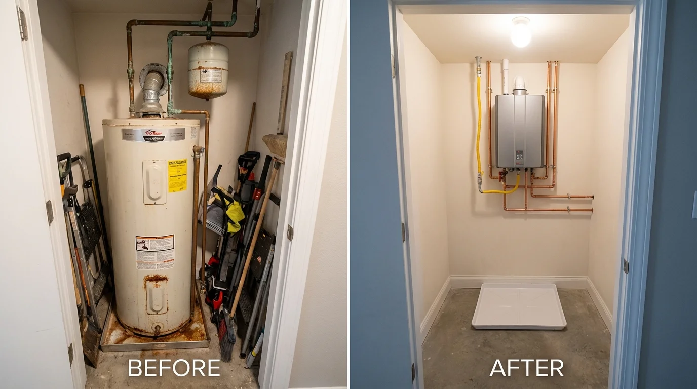 Tank water heater versus wall-mounted tankless unit comparison for Millinocket, ME homeowners