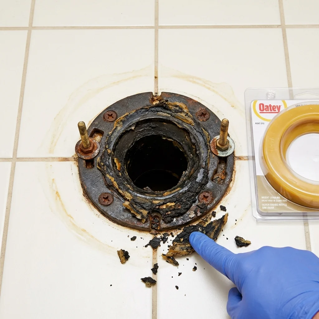 Failed wax ring showing water seepage at the base of a toilet in a Millinocket, ME home
