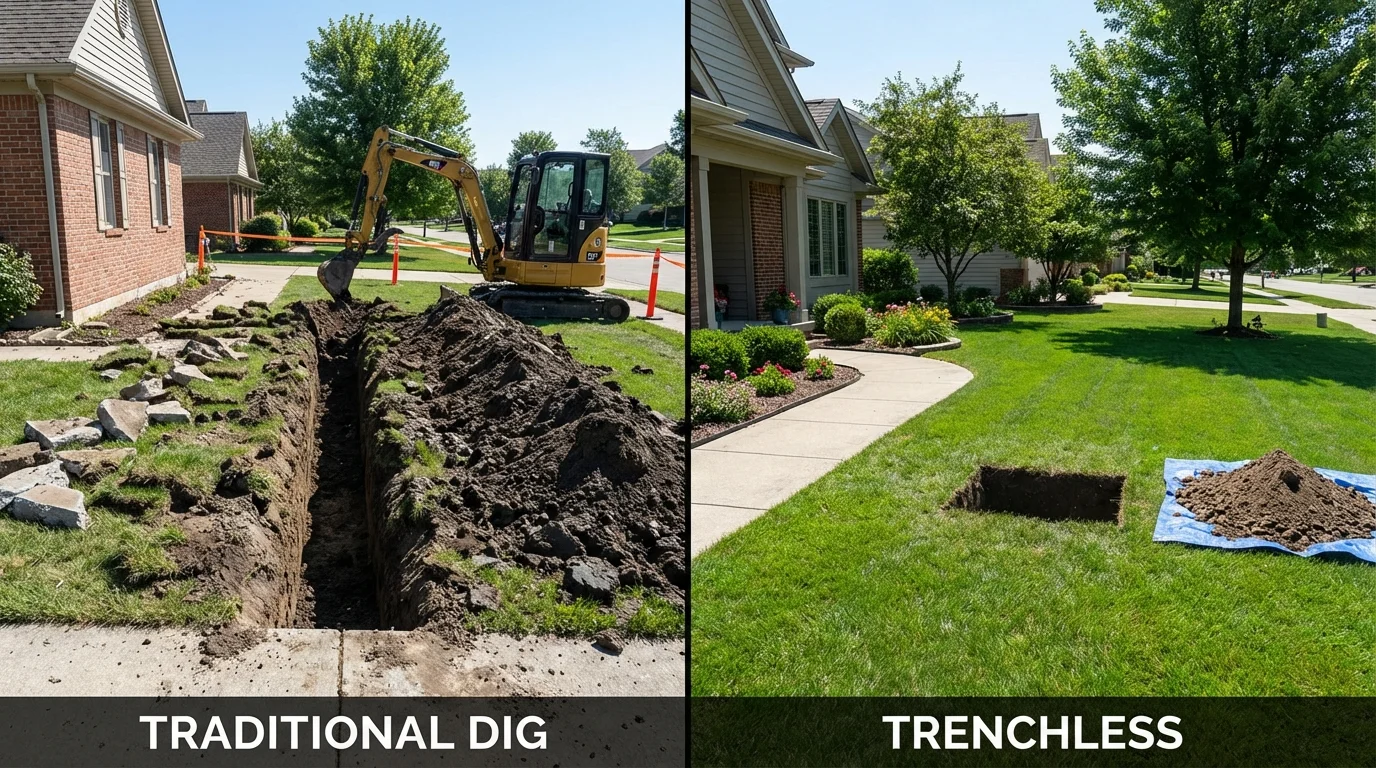 Trenchless sewer repair with minimal yard damage versus traditional excavation in Millinocket, ME