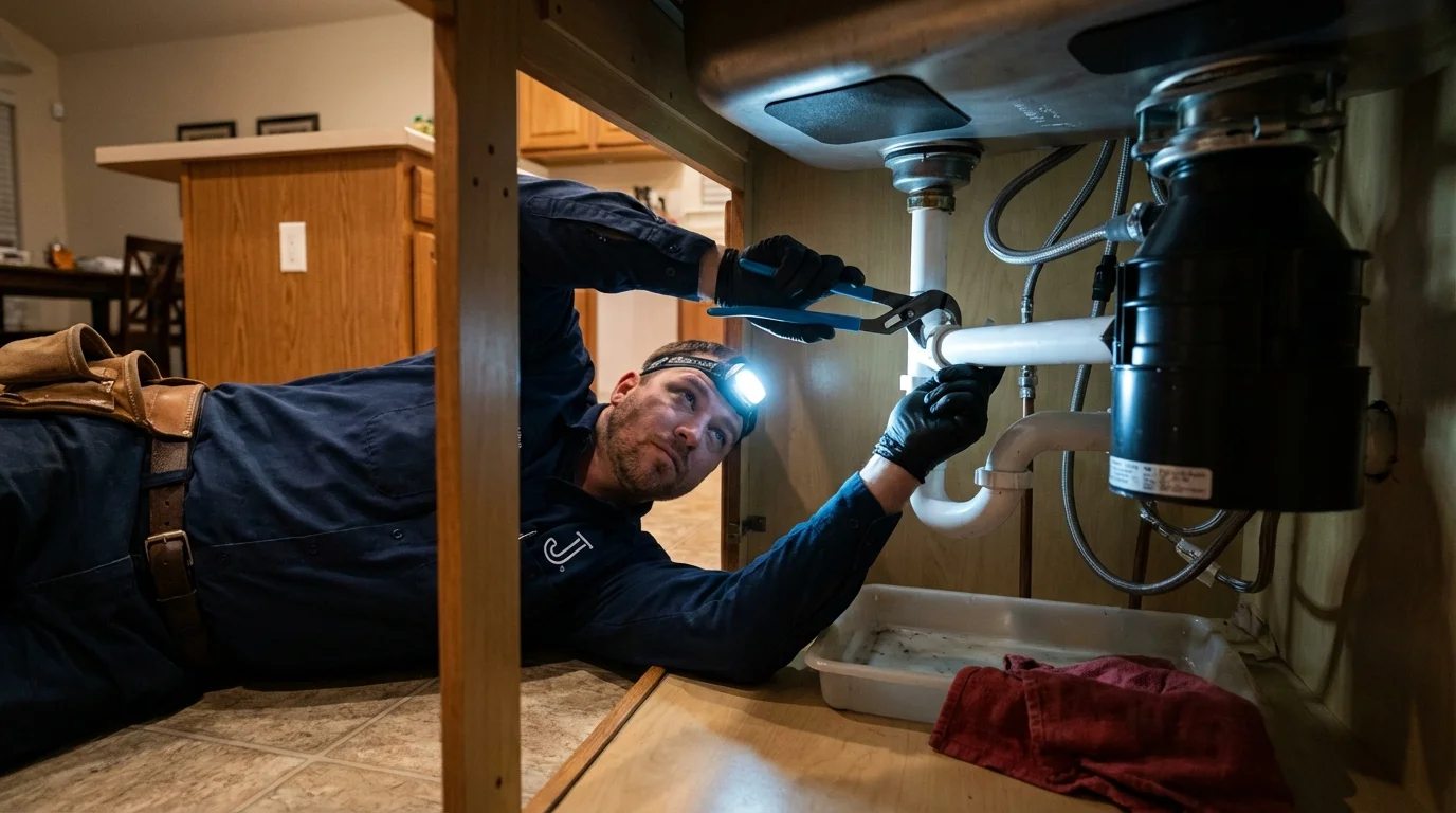 P-trap and supply line connections under a kitchen sink showing a common leak point in Millinocket, ME